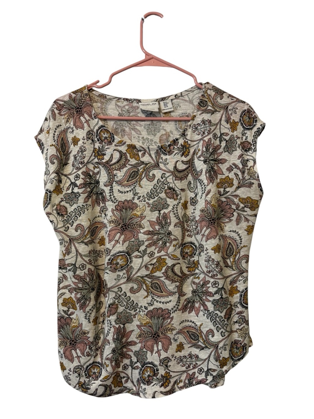 Rachel Zoe White Floral Paisley Cap-Sleeve Blouse with Pink & Mustard